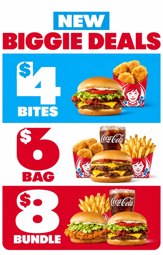 Wendy's Biggie Deals value menu tiers: $4 Biggie Bites, $6 Biggie Bag, $8 Biggie Bundle