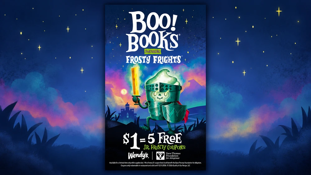 Wendy's Boo! Books poster featuring a Frosty Frights knight: $1 for 5 free Jr. Frosty coupons